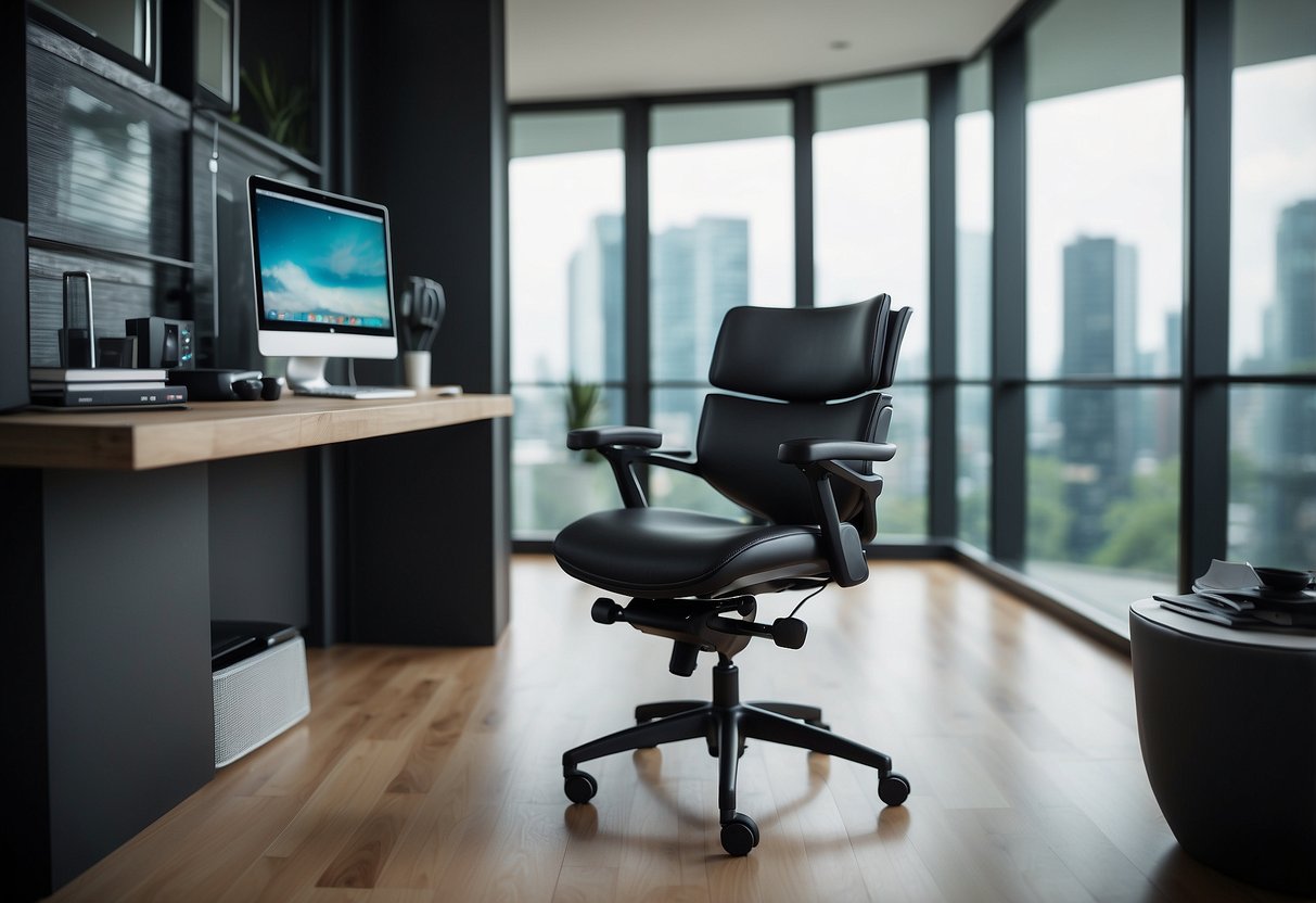 A sleek, ergonomic office chair sits in a modern home office, surrounded by minimalist decor and sleek technology