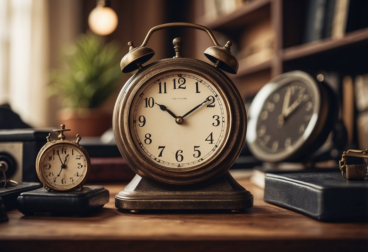 A vintage wall clock hangs above a cluttered desk in a home office, surrounded by retro decor and masculine accents