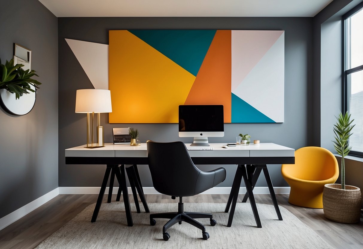 A modern home office with abstract wall art in bold colors and geometric shapes. A sleek desk and minimalist decor complete the contemporary look