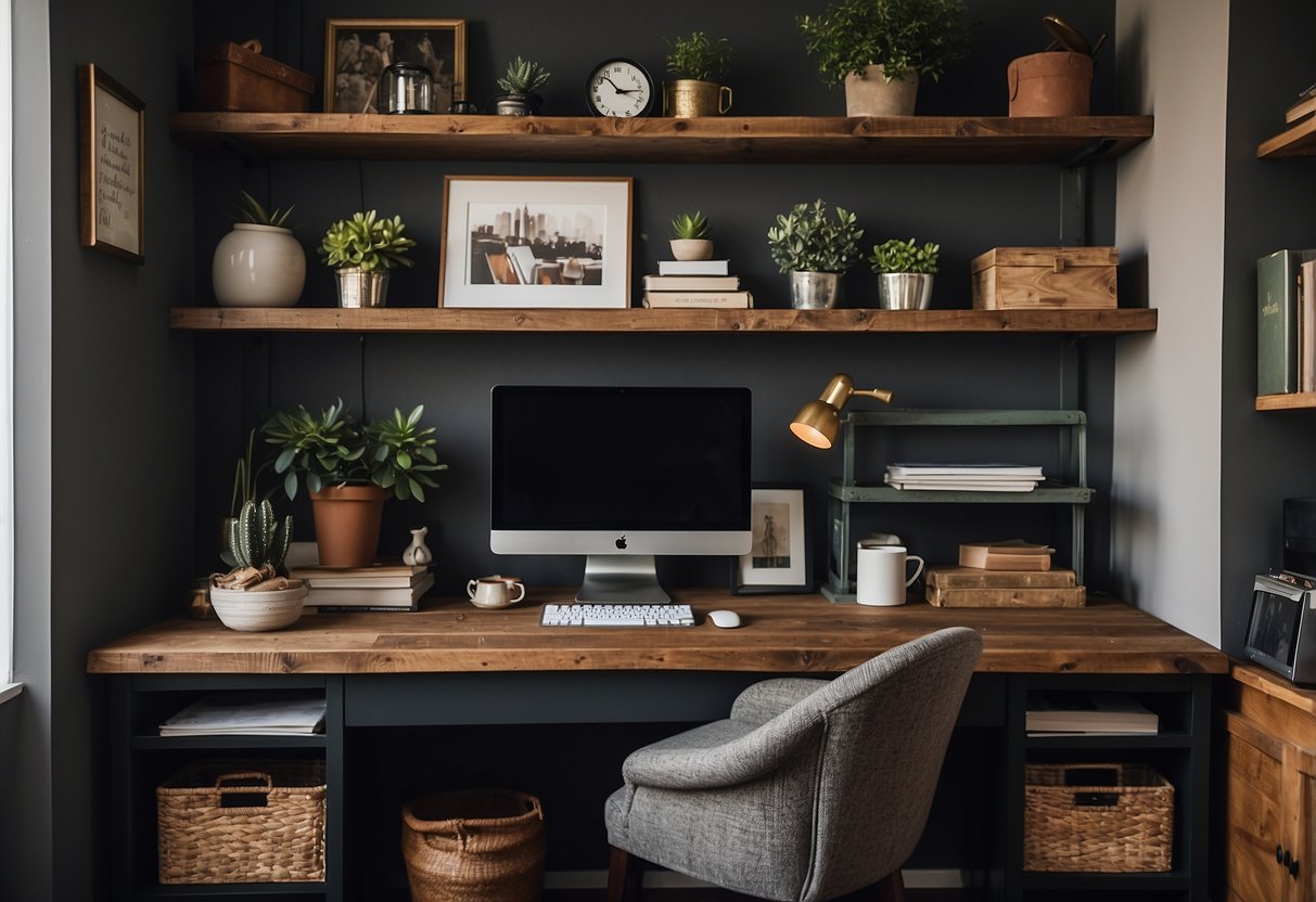 A cozy home office with reclaimed wood shelves, vintage desk accessories, and masculine decor