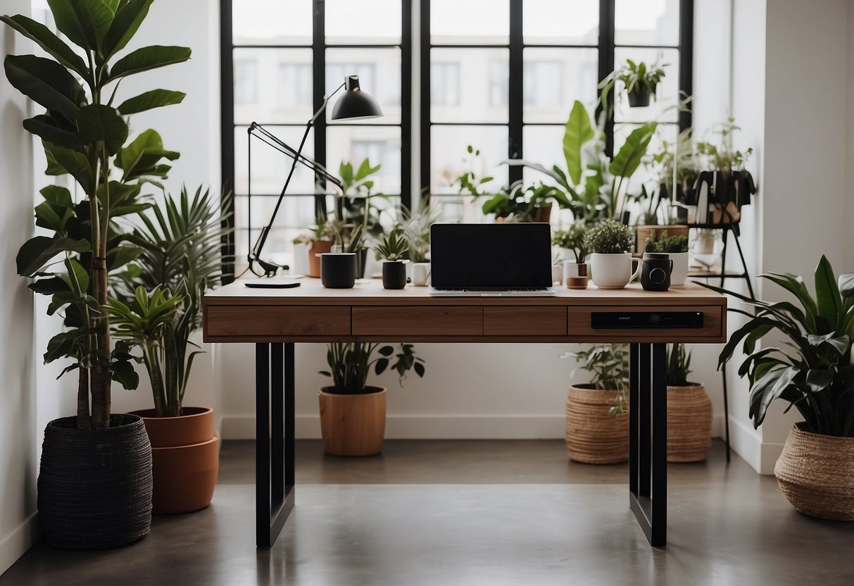 A sleek standing desk with tech gadgets, plants, and stylish decor in a modern home office