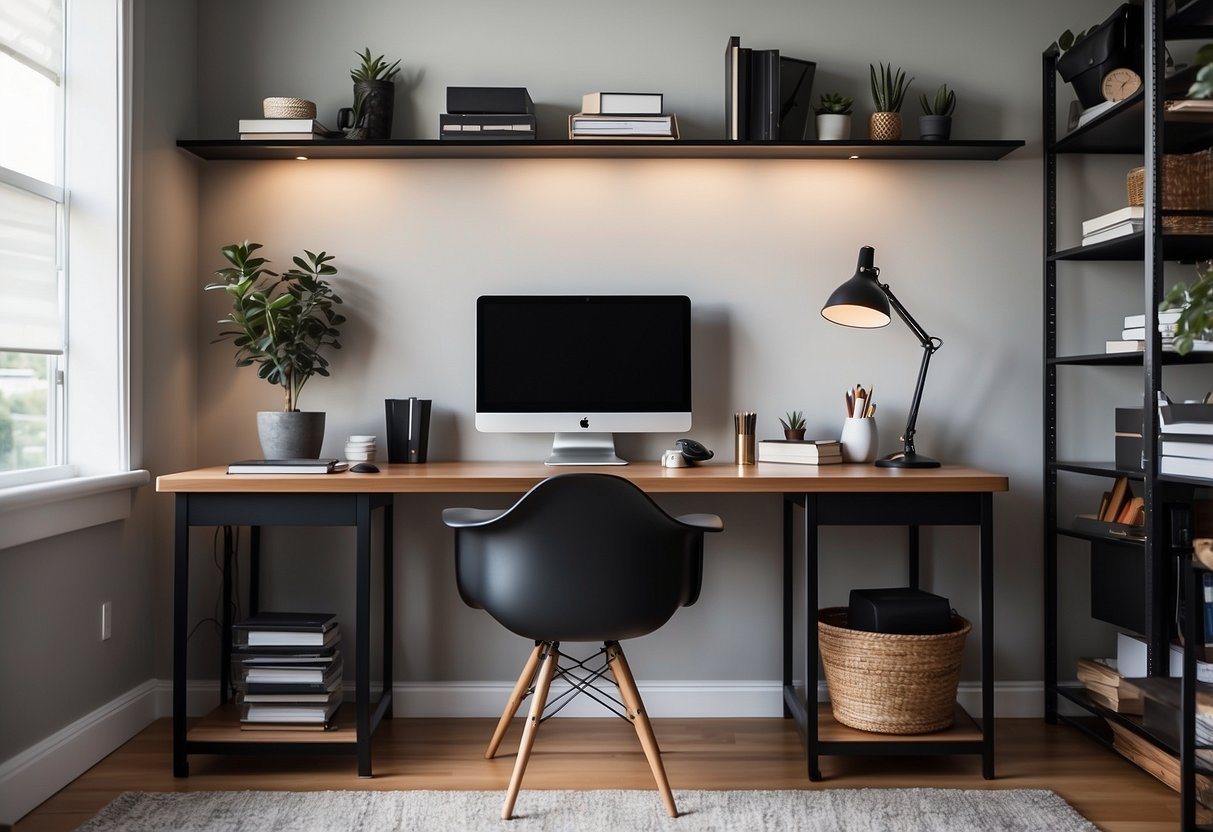 A sleek desk with modern accessories, ergonomic chair, and stylish shelving for organization in a well-lit, minimalist home office