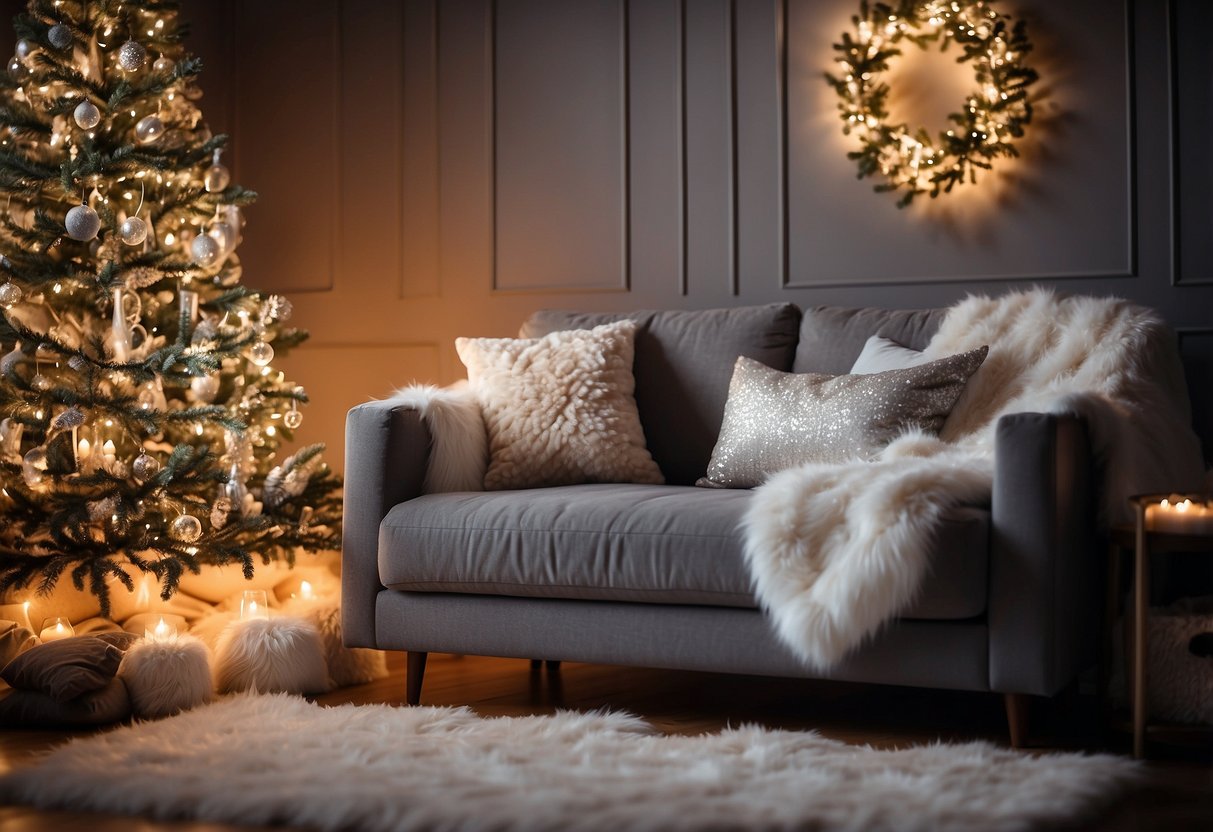 A cozy living room with a crackling fireplace, adorned with twinkling fairy lights, plush faux fur throws, and snowflake-patterned pillows. A frosted wreath hangs on the door, and a sparkling Christmas tree glistens in the corner