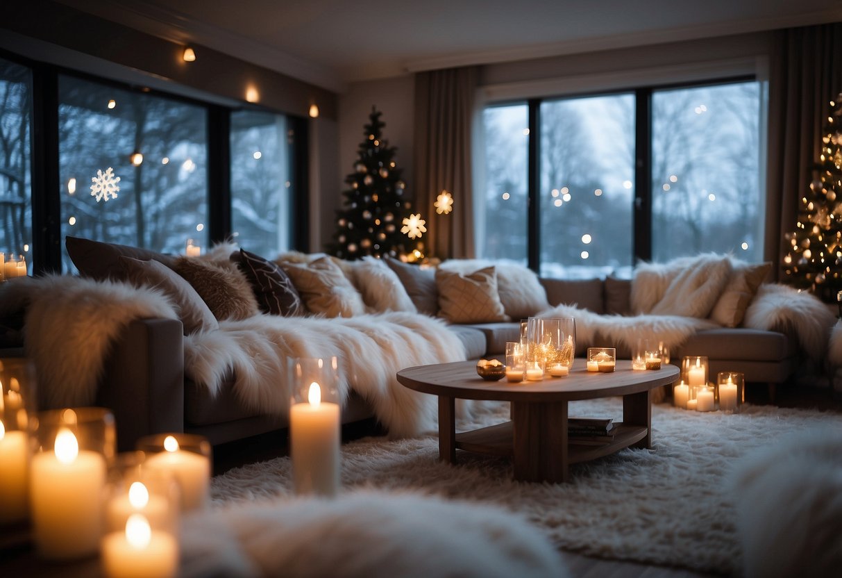 A cozy living room with faux fur throws draped over plush sofas, surrounded by twinkling fairy lights and snowflake decorations