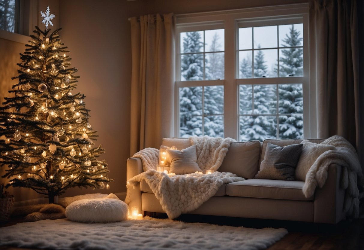 A cozy living room with frosted window decals of snowflakes and pine trees, creating a winter wonderland scene. Twinkling fairy lights and plush blankets complete the home decor