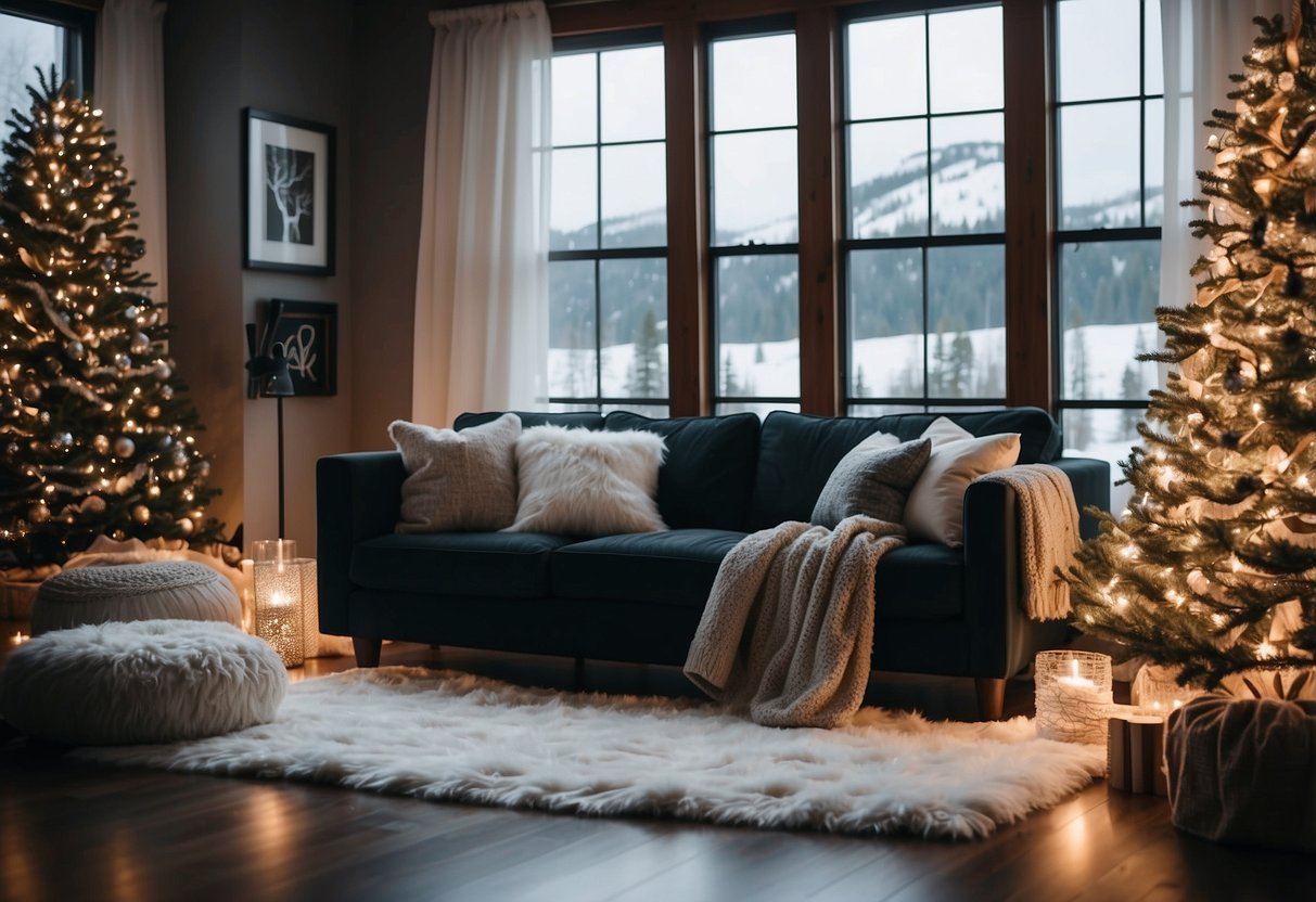 A cozy living room with plush area rugs, surrounded by snowy landscapes, and adorned with twinkling lights and evergreen decor