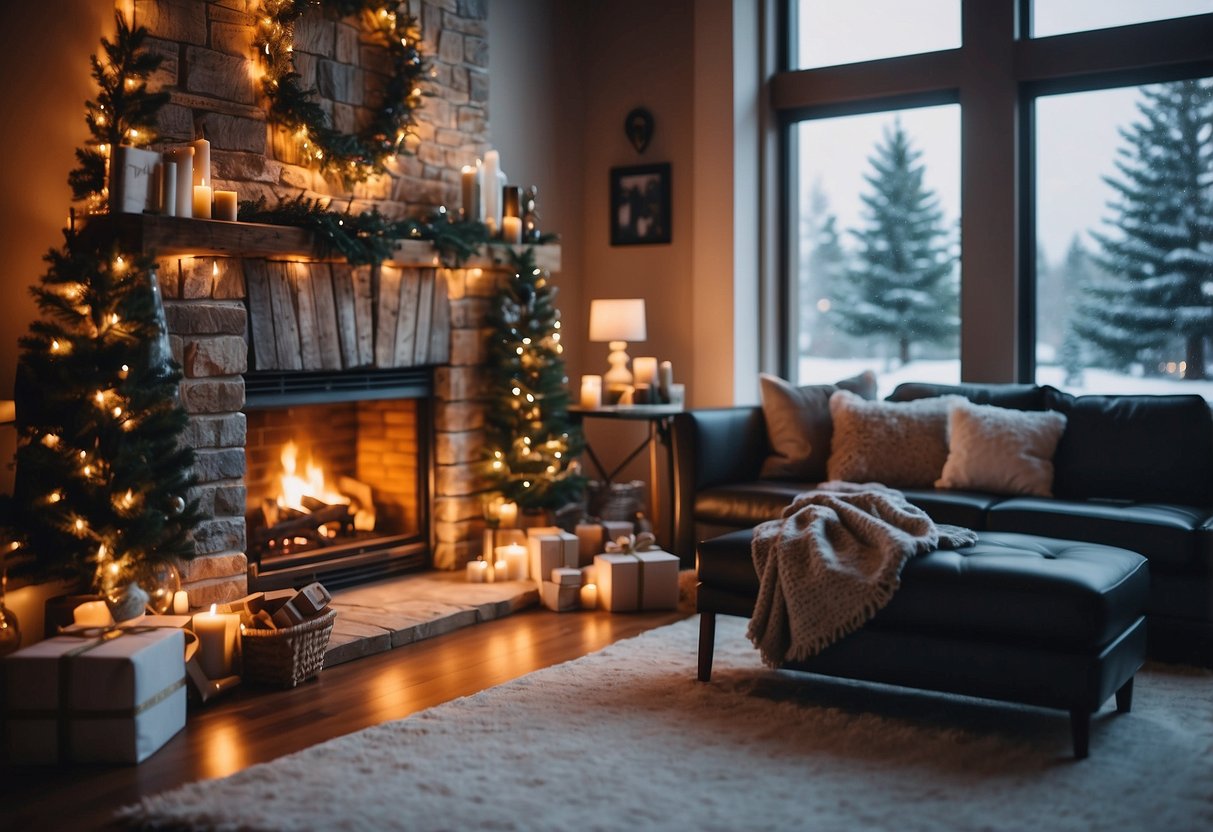 A cozy living room with a roaring fireplace, snowy landscape outside the window, and twinkling lights adorning the mantel and Christmas tree