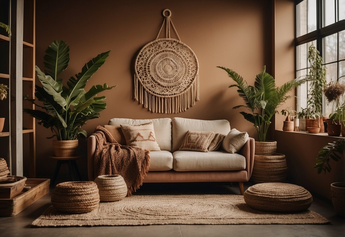 A cozy living room with earthy tones, featuring a handwoven rug, clay pottery, and a dream catcher hanging on the wall