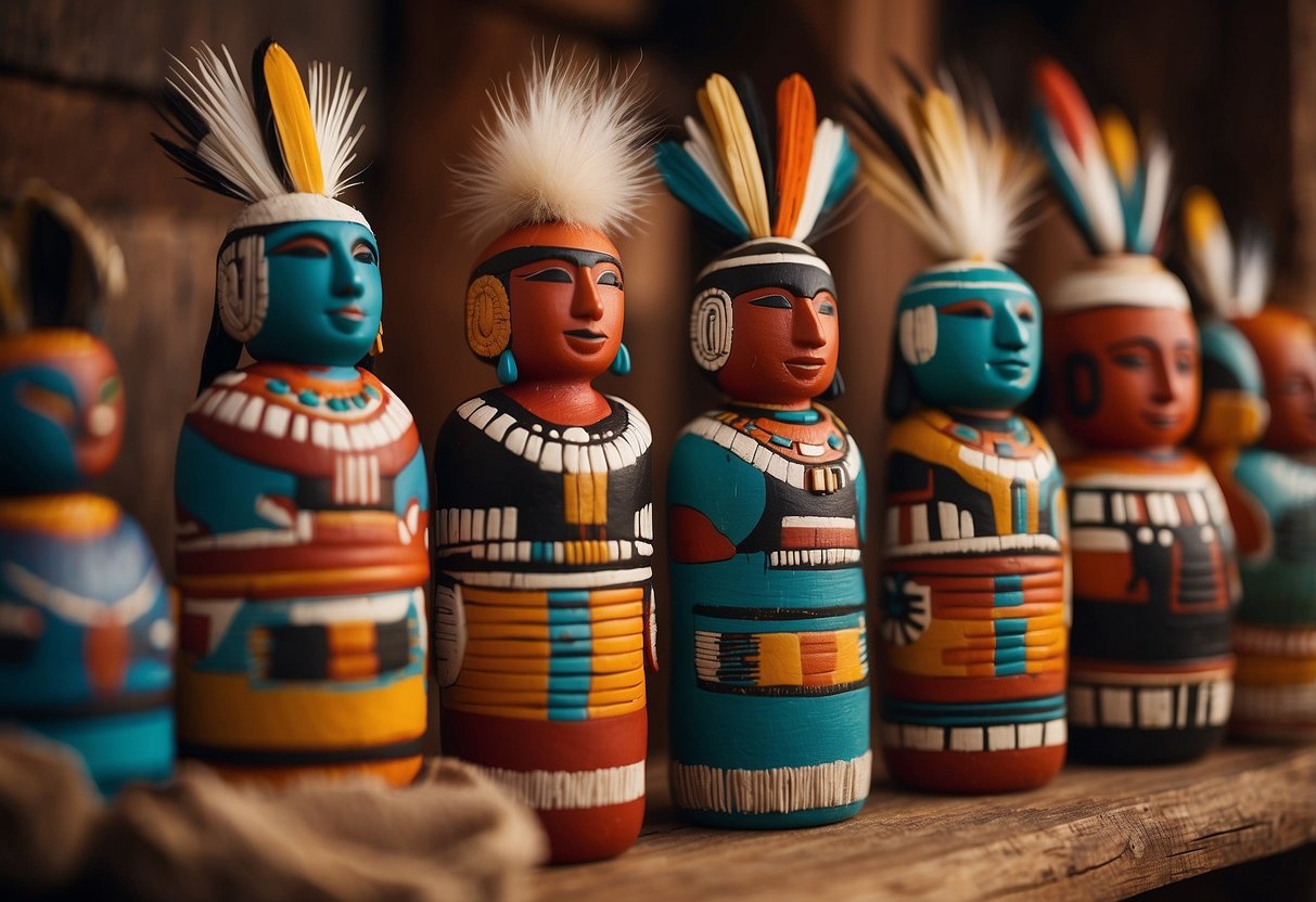 A display of colorful Kachina dolls arranged on a rustic wooden shelf against a backdrop of traditional Native American pottery and woven textiles