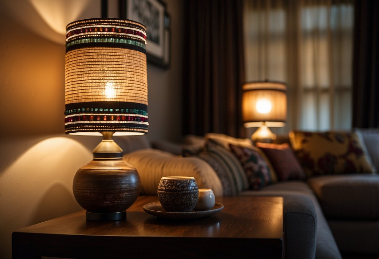 A cozy living room with beaded lampshades casting warm, intricate patterns on the walls. Native American-inspired decor accents the space