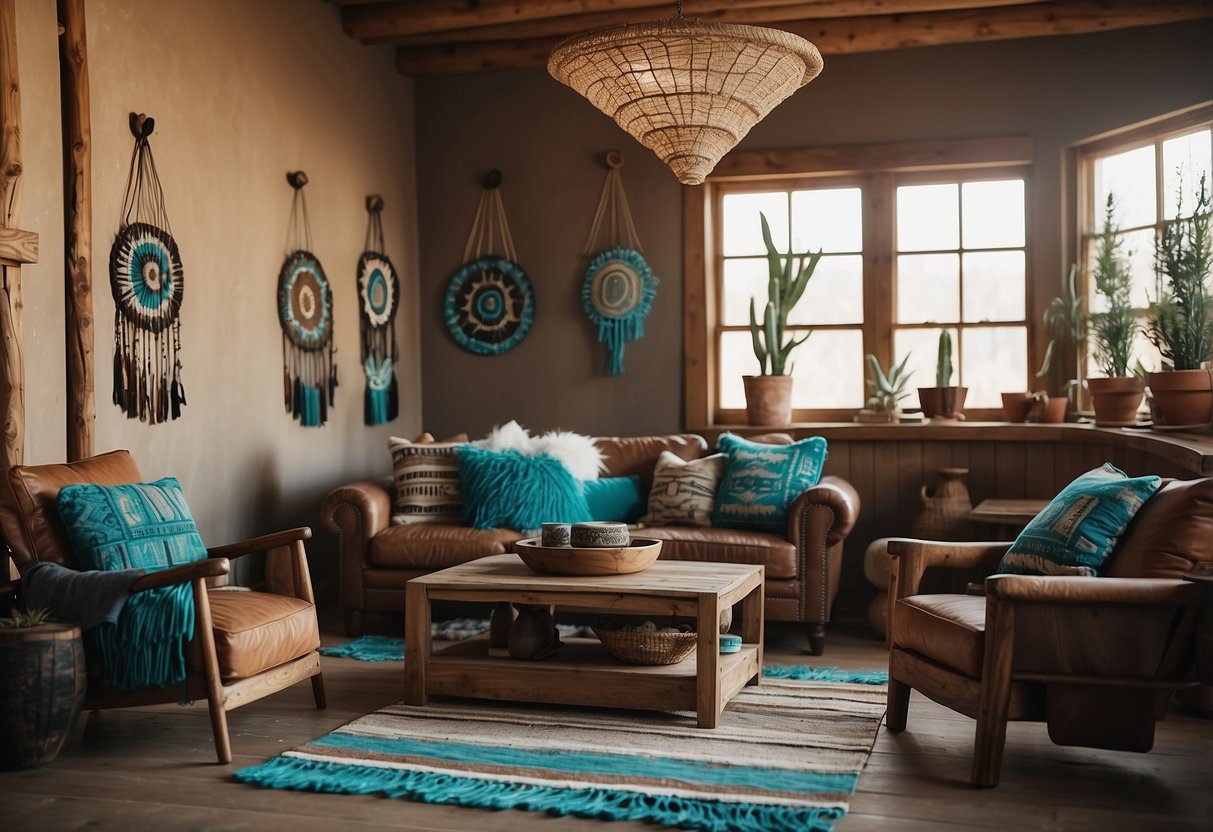 A rustic living room with turquoise pottery, Navajo rugs, and feathered dream catchers hanging on the walls