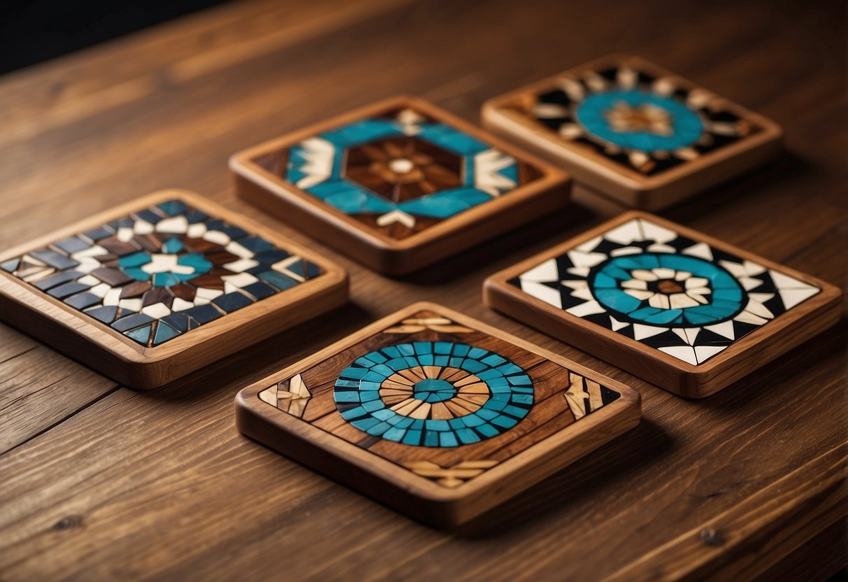 Four stone inlay coasters arranged on a wooden table, featuring traditional Native American designs and patterns