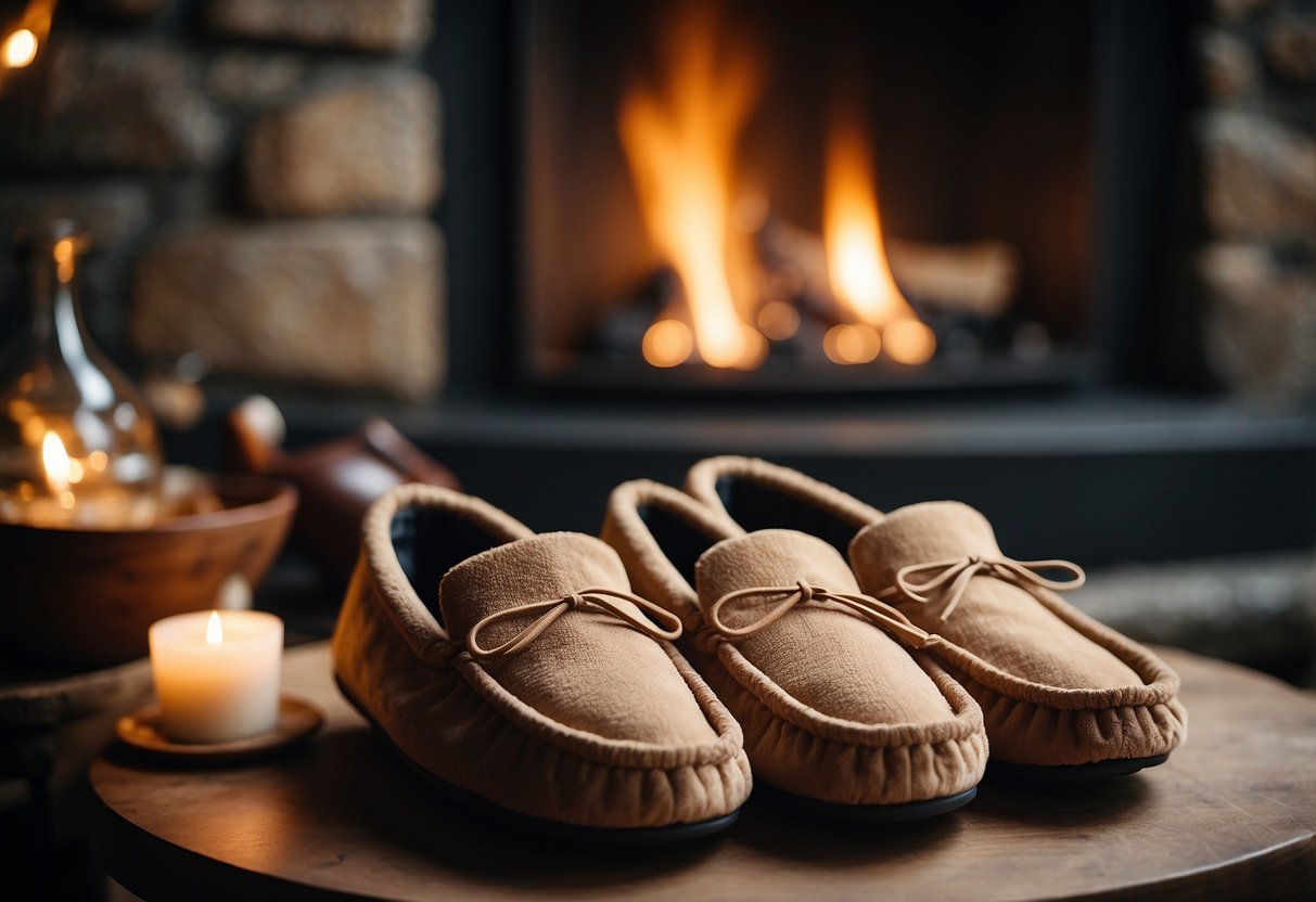 A cozy pair of moccasin-style slippers sit next to a crackling fireplace, surrounded by Native American-inspired home decor