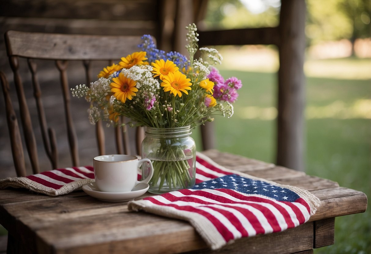 A rustic wooden table adorned with mason jar vases filled with wildflowers, a vintage American flag hanging on the wall, and a cozy quilt draped over a rocking chair