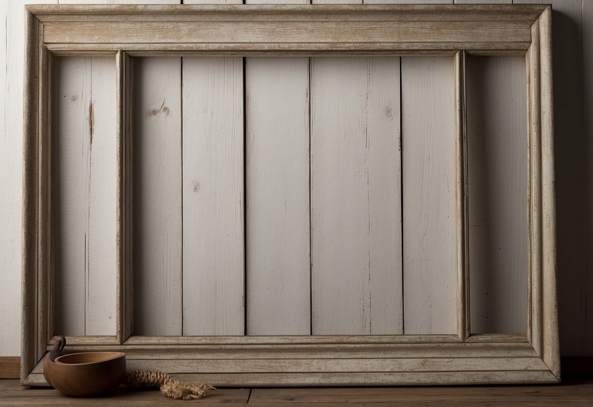 A weathered barnwood frame hangs on a whitewashed wall, surrounded by vintage Americana decor