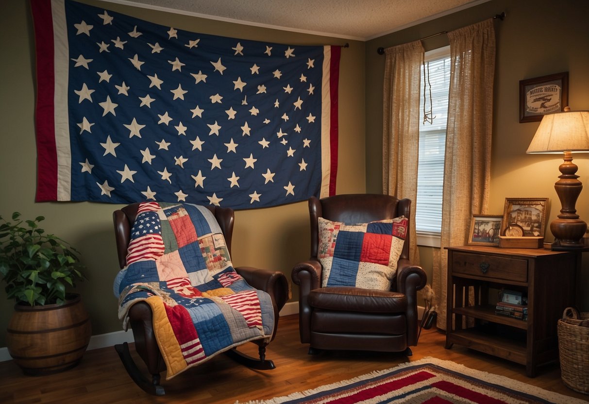 A cozy living room with a colorful patchwork quilt draped over a rocking chair. The room is adorned with Americana decor, including flag-themed throw pillows and vintage wooden signs