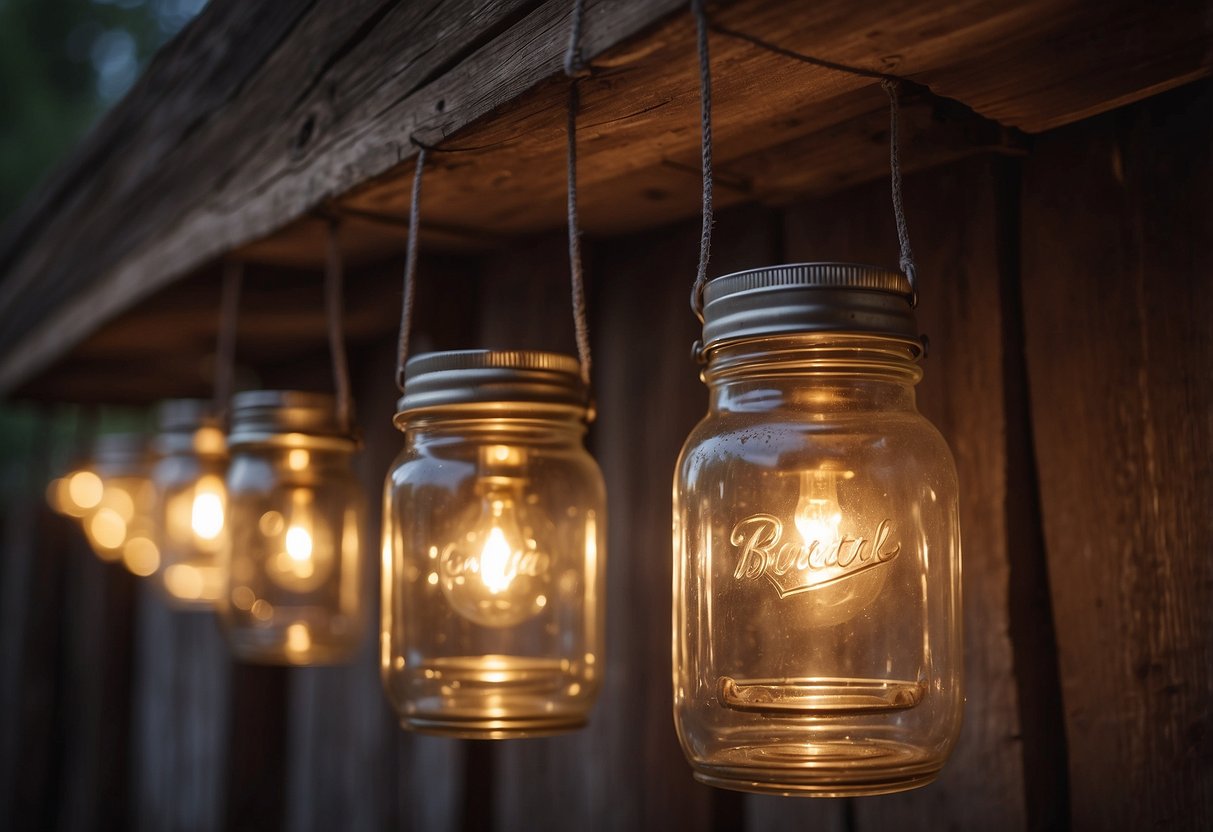 Rustic mason jar lanterns hang from a weathered wooden beam, casting a warm glow in a cozy Americana-themed home