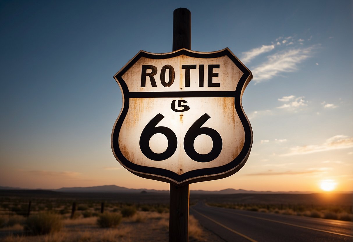 A weathered Route 66 sign stands against a backdrop of rolling hills and a setting sun, evoking nostalgia and Americana charm