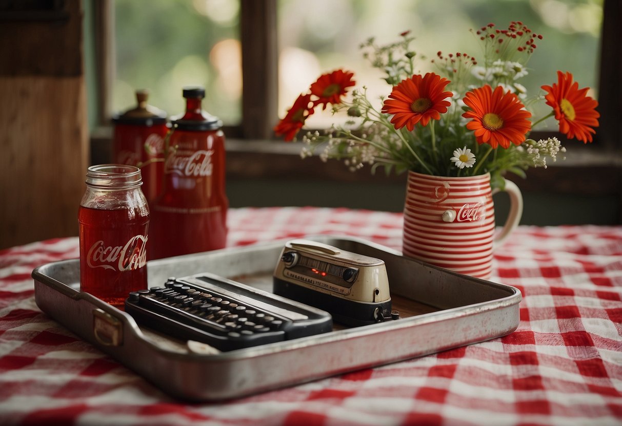 A vintage Coca-Cola tray sits on a wooden table, surrounded by retro Americana decor like a red and white checkered tablecloth, a mason jar filled with wildflowers, and a vintage radio playing old-timey tunes