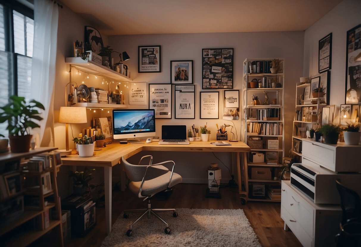 A cozy home studio with a large desk, shelves filled with art supplies, and inspirational quotes on the walls. A comfortable chair and soft lighting complete the creative space