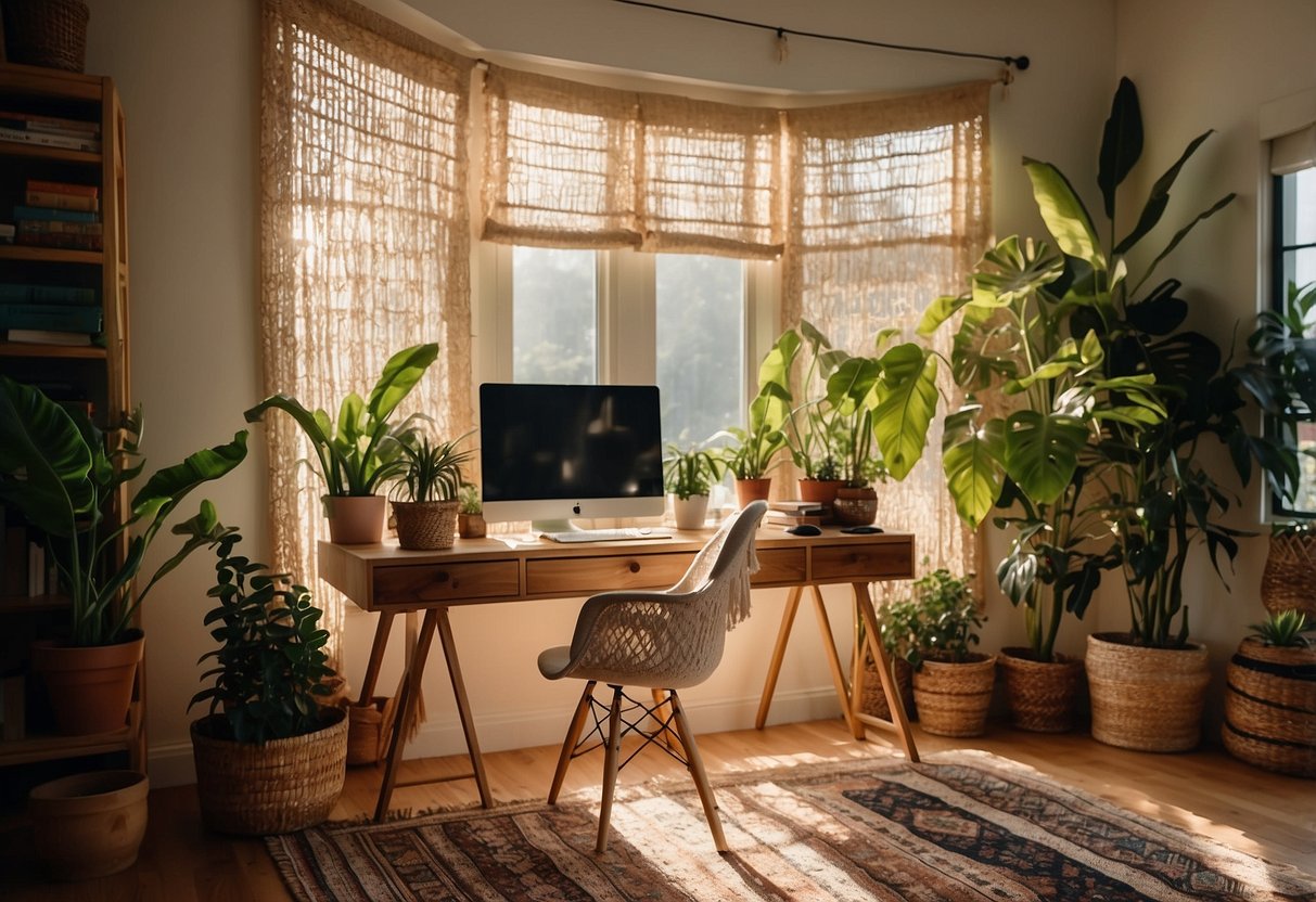 A cozy boho home office with a rattan desk, macrame wall hanging, plants, and colorful patterned rugs. Sunlight streams in through sheer curtains, casting a warm glow on the space