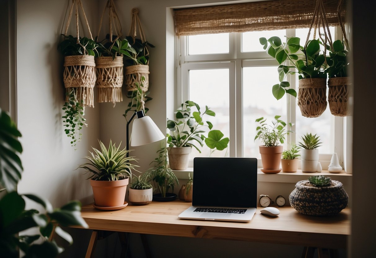 A cozy home office with macrame wall hangings, plants, and natural light