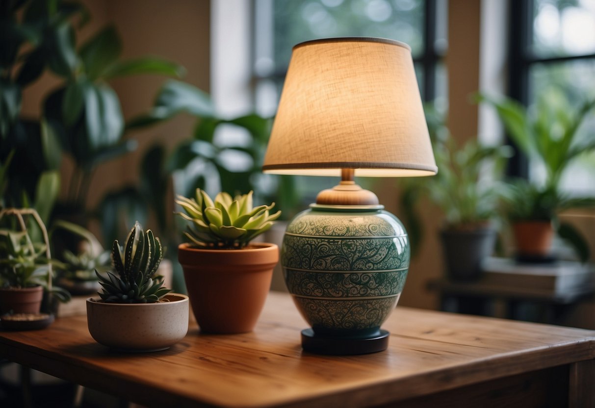 A vintage-inspired table lamp sits on a wooden desk, surrounded by bohemian decor and lush green plants in a cozy home office setting