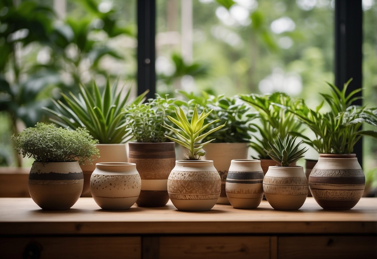 A collection of handcrafted pottery planters arranged on a bohemian-style desk, surrounded by lush green plants and natural light