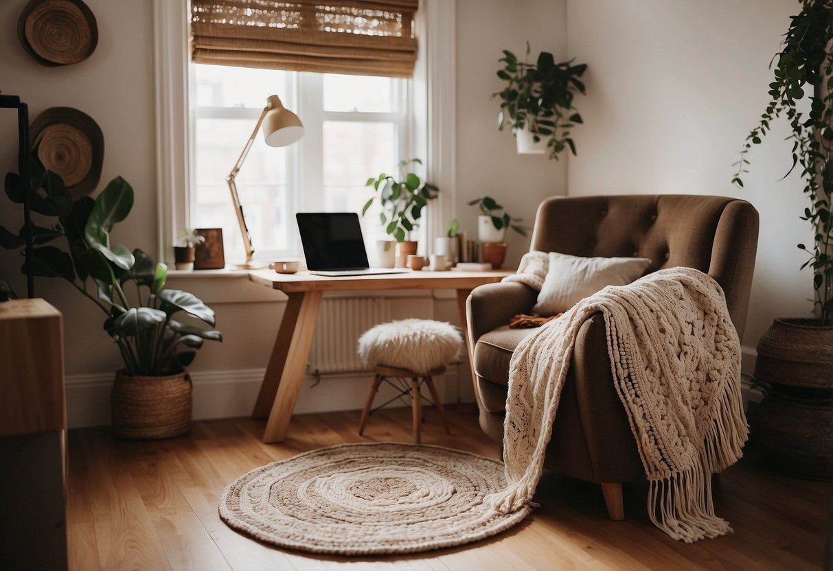 A cozy home office with a tassel throw blanket draped over a chair, surrounded by bohemian decor and natural light