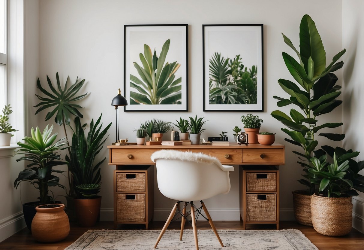 A cozy home office with white walls adorned with framed botanical prints, a bohemian rug, and a vintage desk with potted plants