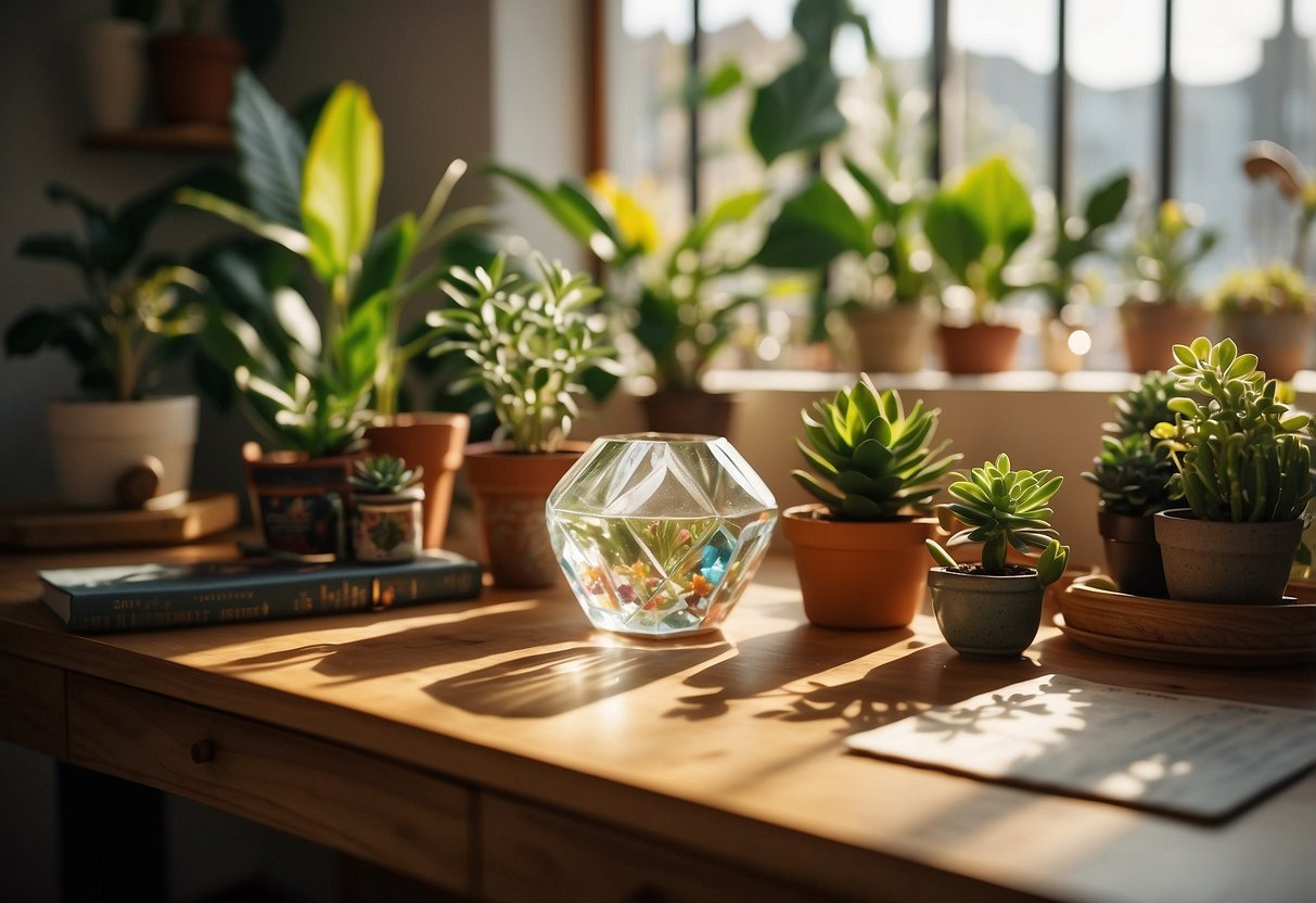 A crystal desk set sits on a wooden desk, surrounded by potted plants and colorful textiles. The sunlight streams through the window, casting a warm glow on the boho-inspired office decor