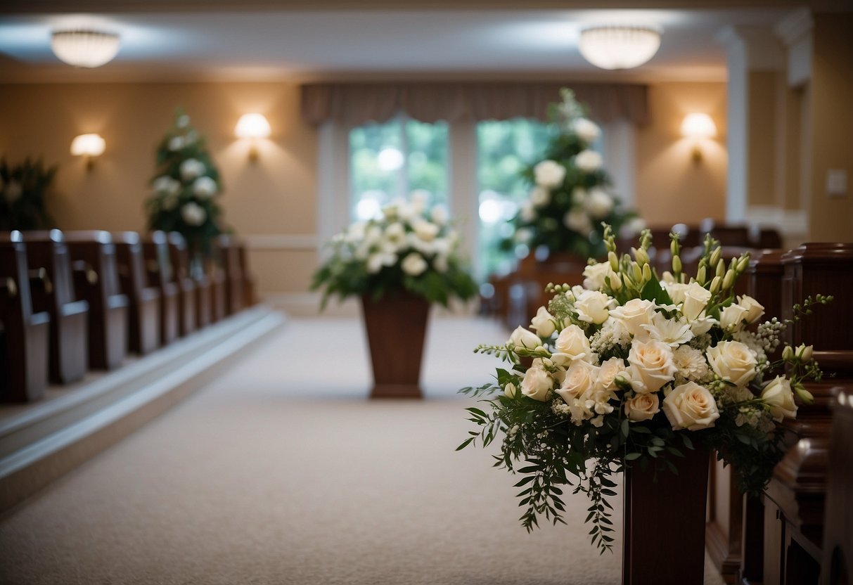 A serene funeral home with soft lighting, elegant floral arrangements, and comforting decor. Peaceful music plays in the background, creating a tranquil atmosphere