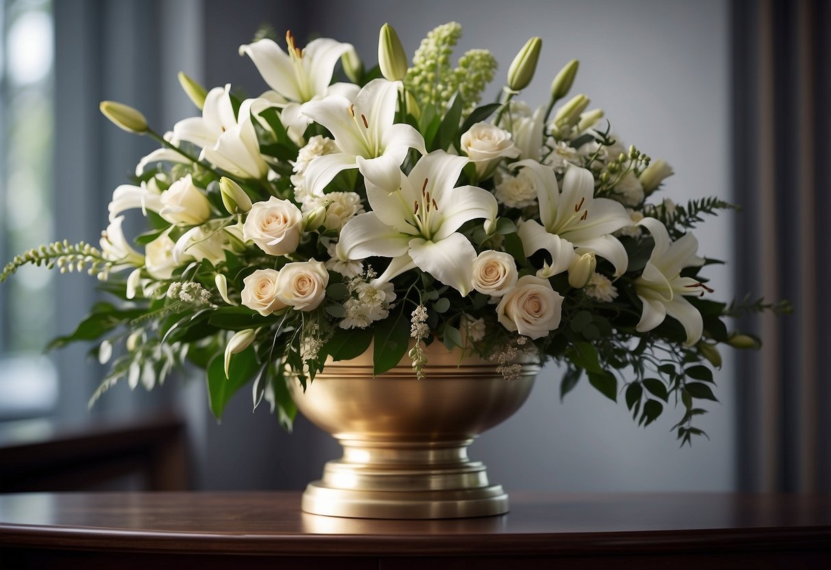 An elegant floral arrangement adorns a funeral home, with a mix of white lilies, roses, and greenery in a tall vase