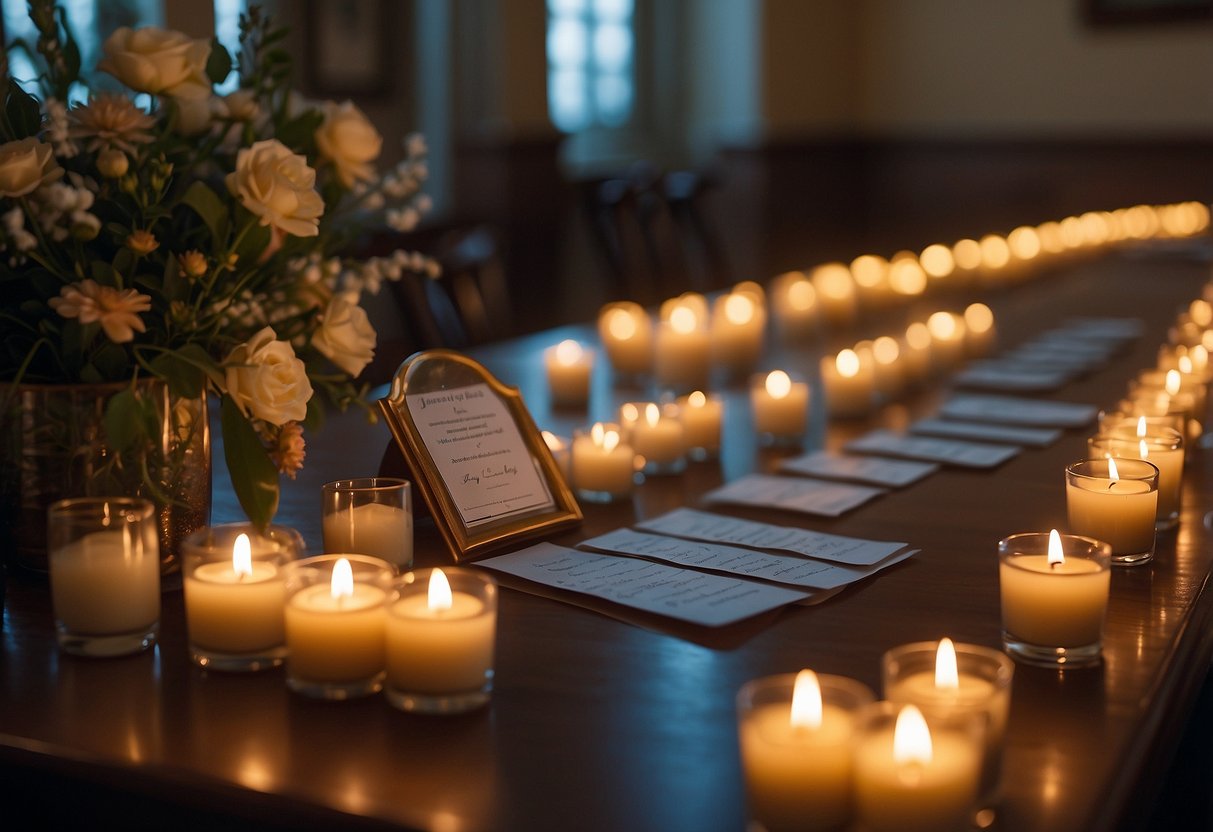 A table adorned with comforting prayer cards, softly lit by candles, set within a tranquil funeral home