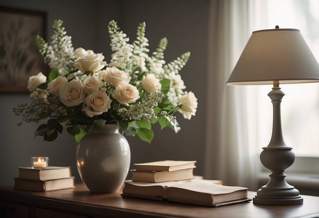 A peaceful room with soft lighting, adorned with framed scripture quotes and elegant floral arrangements, creating a tranquil and uplifting atmosphere