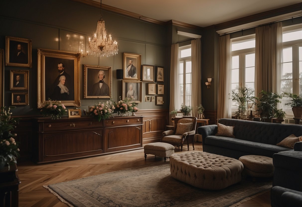 An elegant room with antique portraits adorning the walls, creating a dignified atmosphere for a funeral home