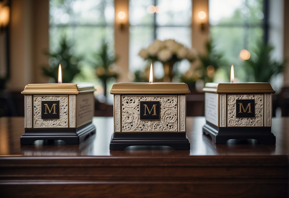 A tastefully decorated funeral home with monogrammed tissue boxes on elegant side tables