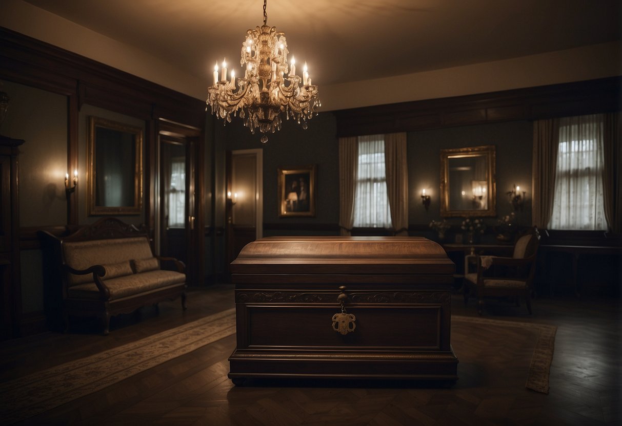 A dimly lit room with ornate casket plaques adorning the walls, casting eerie shadows. Antique furniture and muted colors create a somber atmosphere