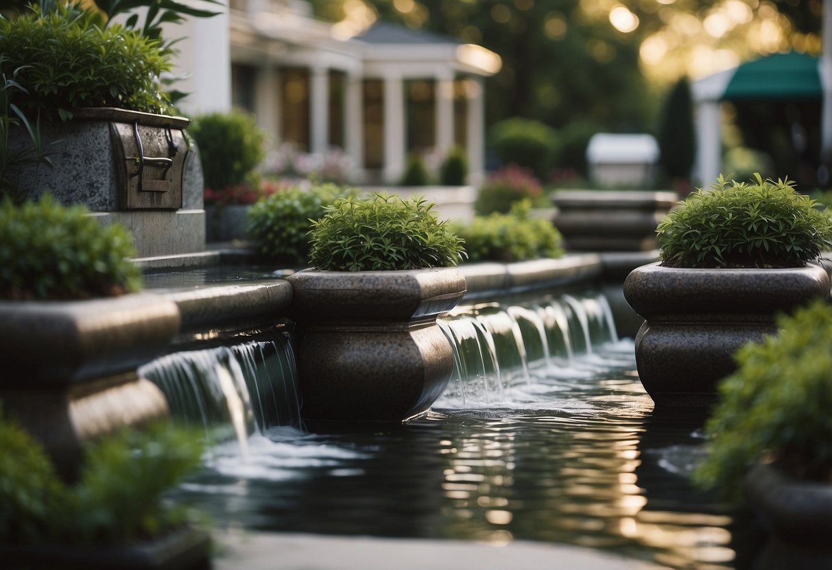 A serene funeral home decor with flowing water features and peaceful ambiance