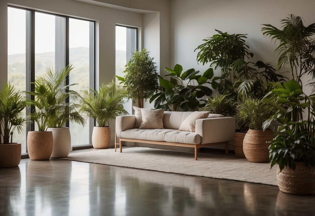 A serene room with soft lighting, comfortable seating, and gentle music. A simple, elegant color palette and natural elements like plants and water features create a peaceful atmosphere