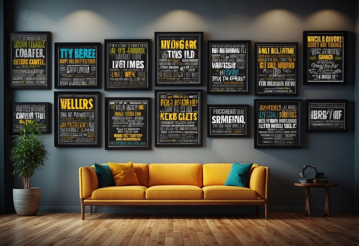 A wall adorned with motivational fitness quotes, framed workout routines, and colorful gym equipment arranged in a stylish and organized manner