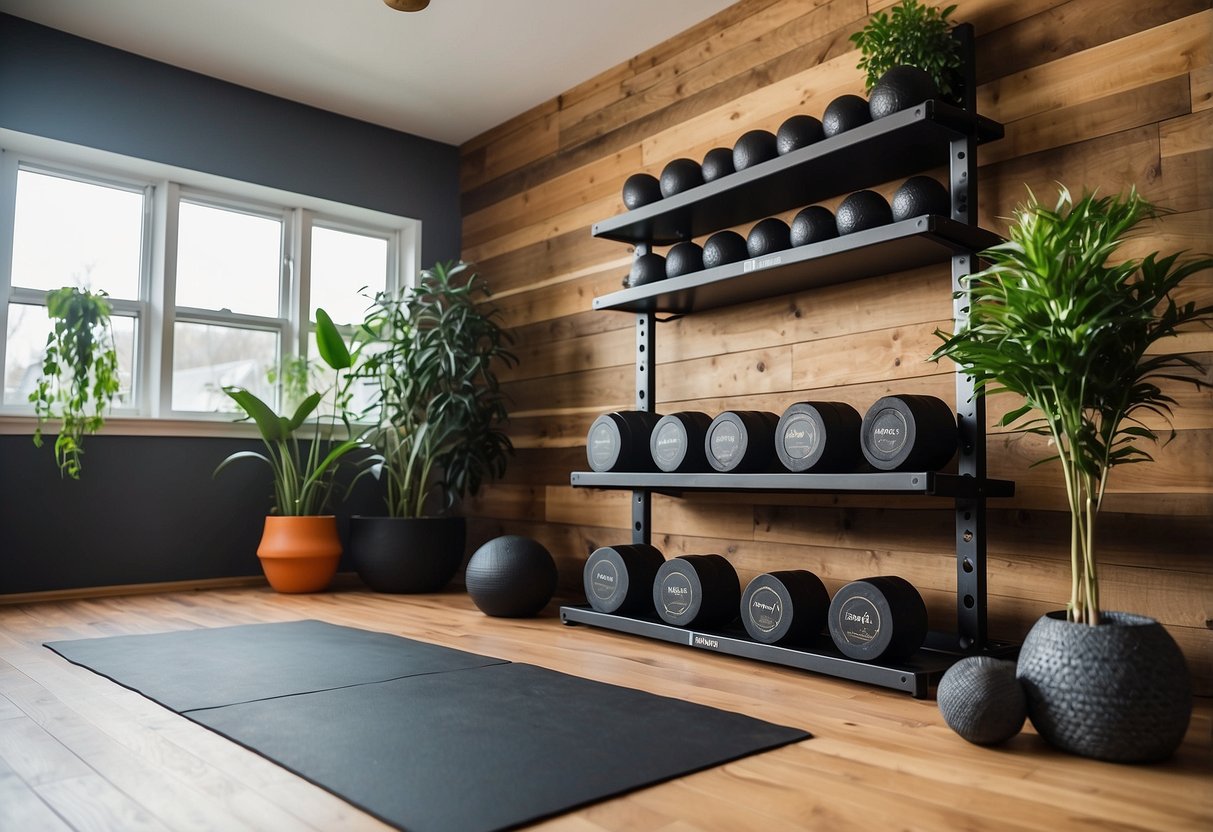 A home gym with rustic wood floating shelves on the wall, holding weights, yoga mats, and plants