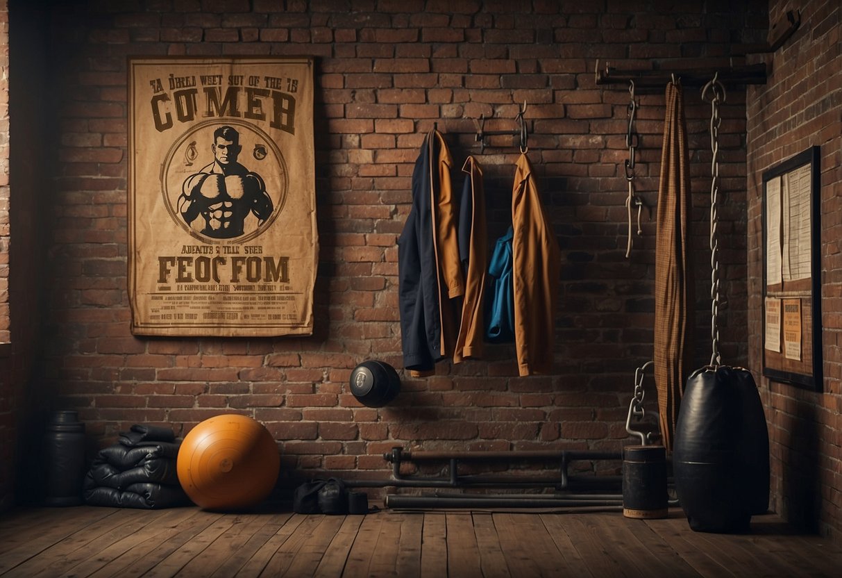 A vintage gym poster hangs on a brick wall, surrounded by old-school workout equipment and a worn leather punching bag