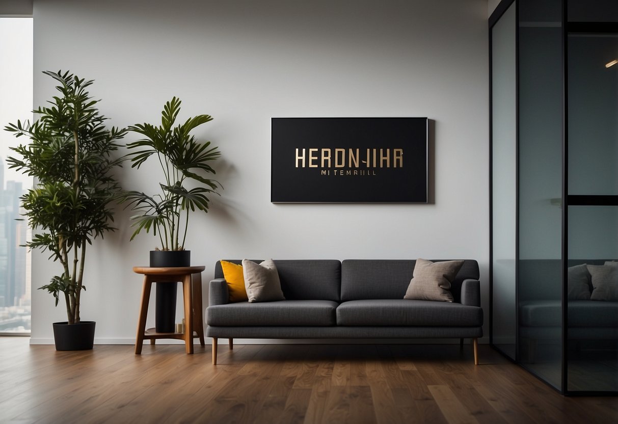 A sleek, modern name plate hangs on the wall of a home gym, personalized with bold lettering and a clean, minimalist design