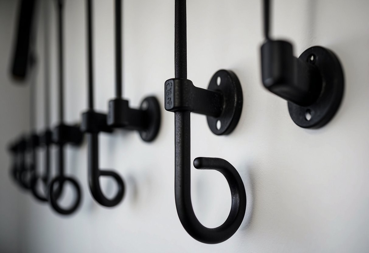 A row of black iron wall hooks hang on a white wall, ready to hold gym equipment and add a touch of industrial decor to the home gym