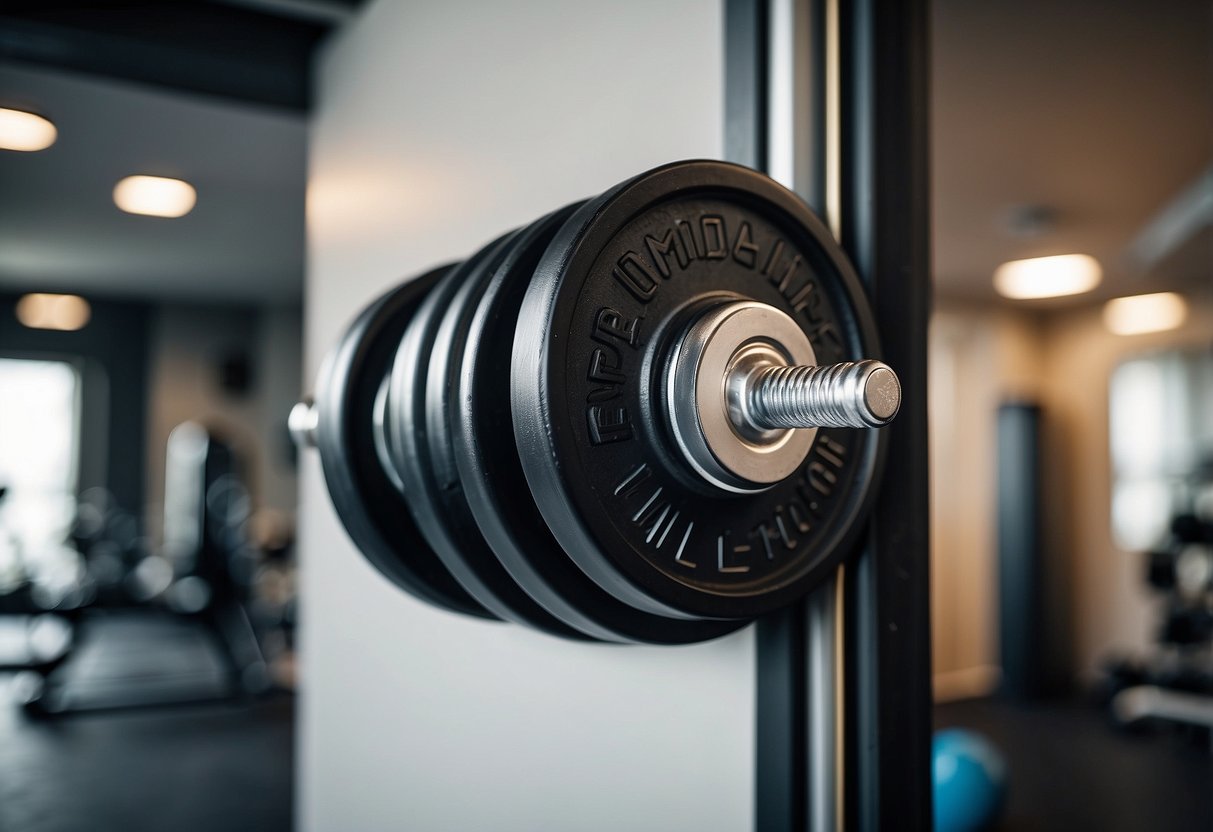 A metallic dumbbell holder hangs on a clean, modern home gym wall, surrounded by motivational posters and sleek fitness equipment