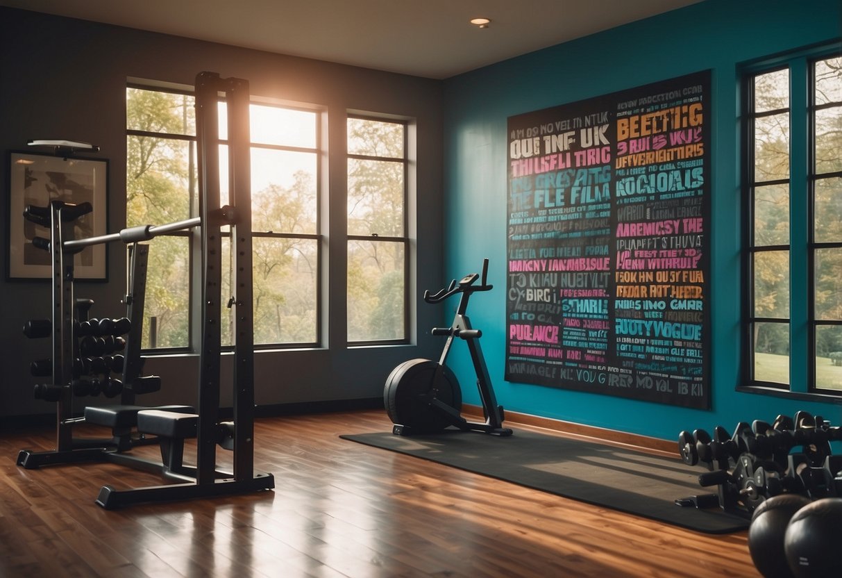 A home gym wall adorned with motivational quotes, geometric patterns, and vibrant colors to inspire and energize workouts