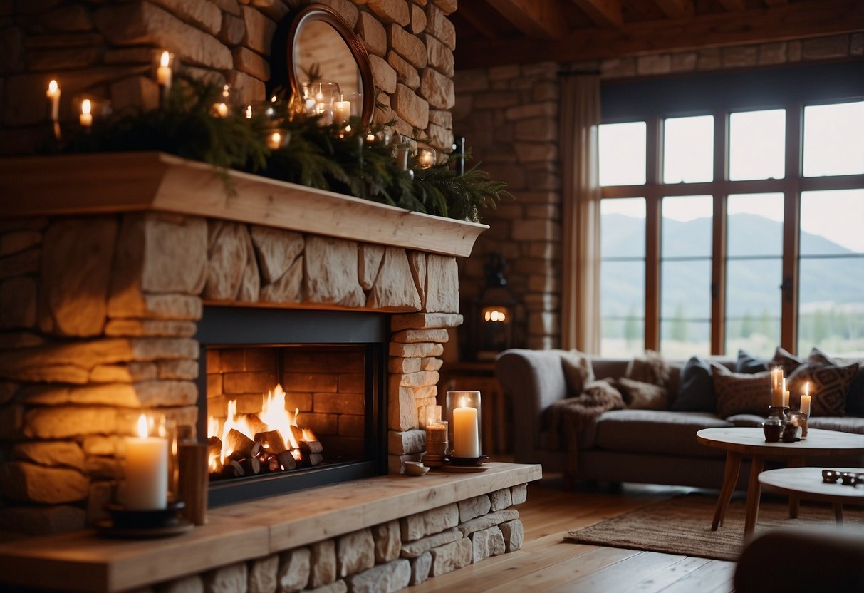 A stone fireplace with a roaring fire, tapestries hanging on the walls, wooden furniture with intricate carvings, and candle sconces casting a warm glow