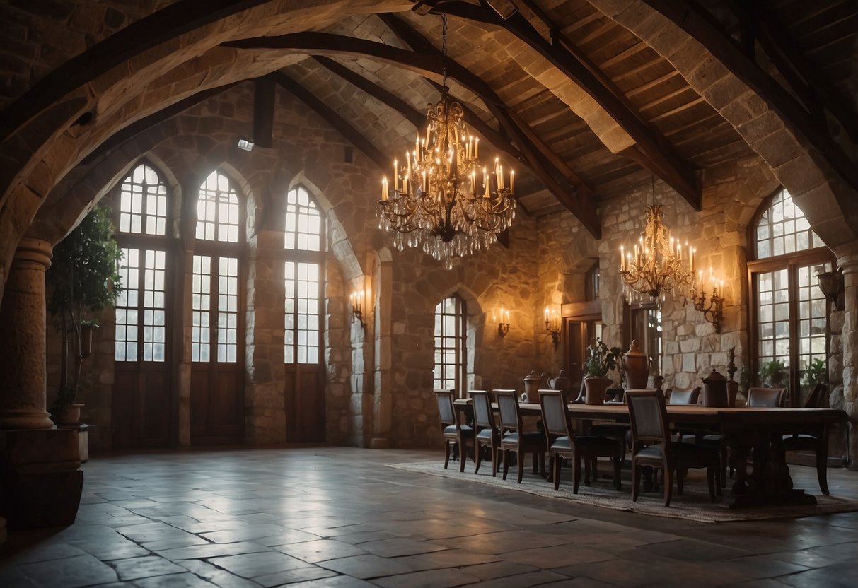 A grand hall with stone walls, adorned with antique iron chandeliers casting a warm glow over medieval home decor