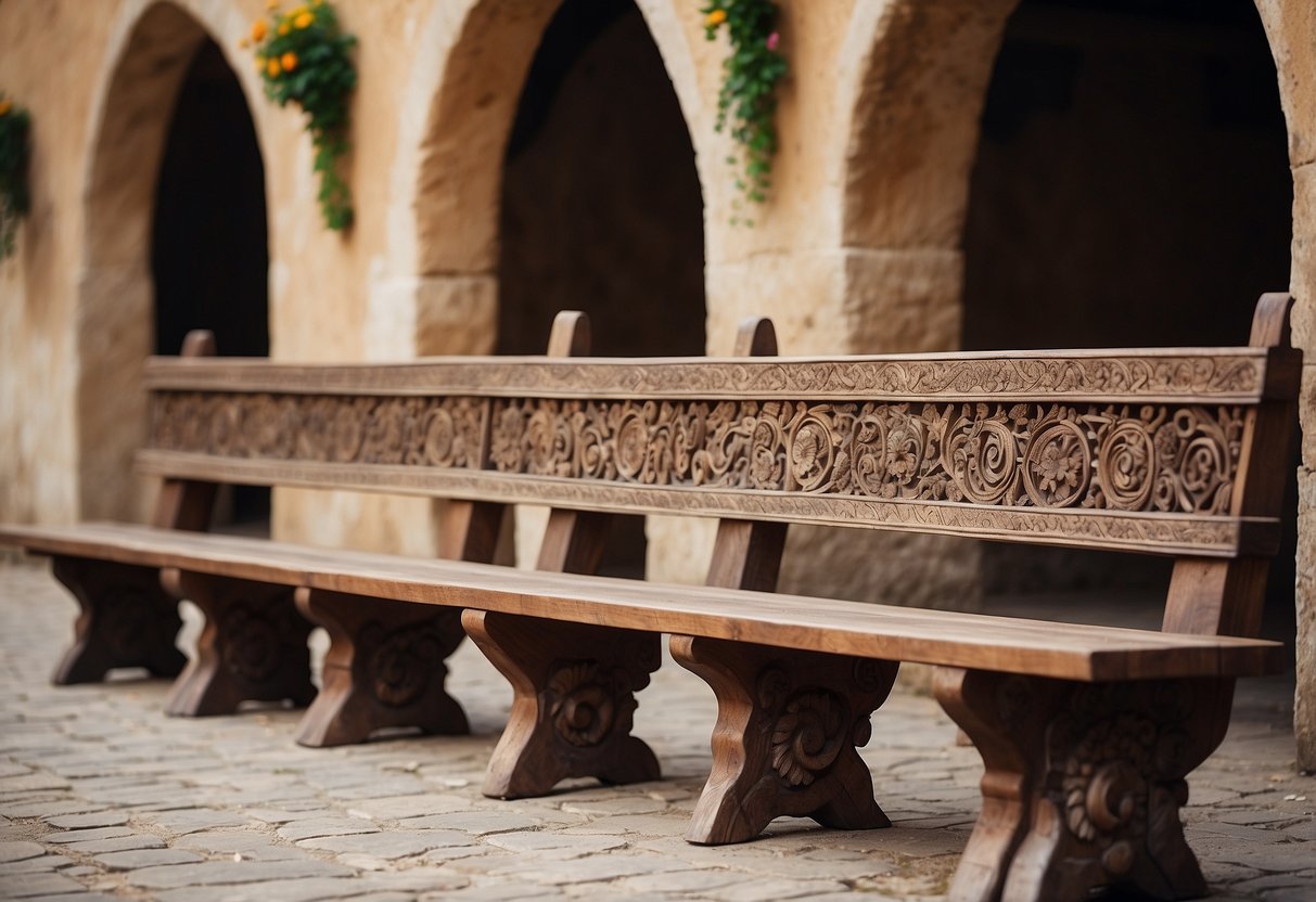 A row of handcrafted wooden benches in a medieval setting, adorned with intricate carvings and rustic details, serving as unique home decor ideas